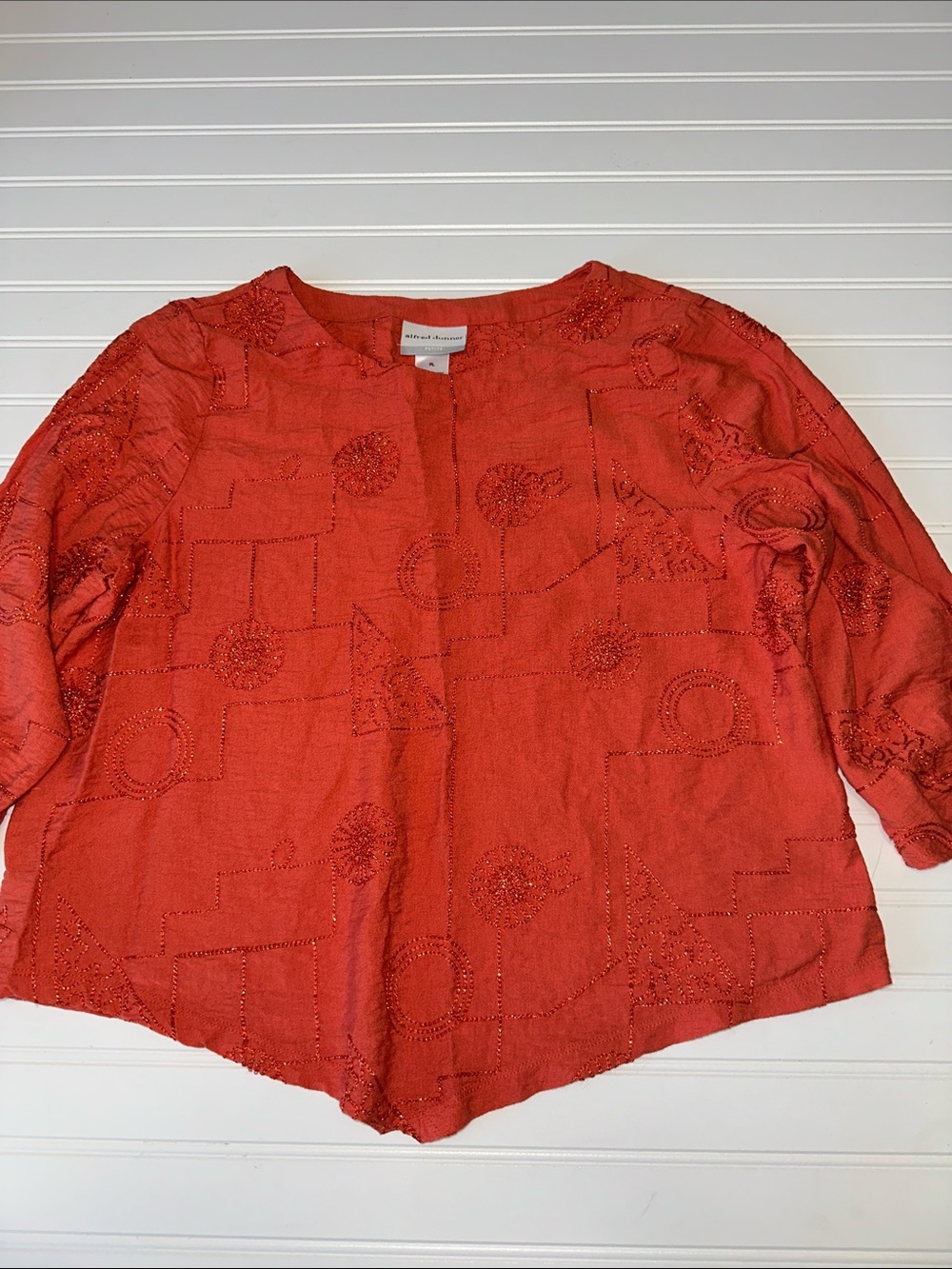 Alfred Dunner Petite PL Orange Embroidered 3/4 Sleeve Tunic Top